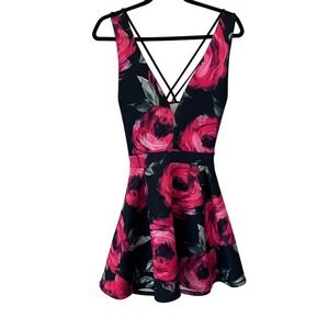 Dark Floral Rose Strappy Back Fit and Flare Retro VNeck Mini Dress L (READ)